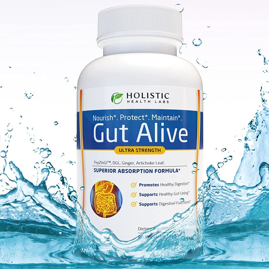 Gut Alive - All Natural Support to Fight IBS, Heartburn, Acid Indigestion, Acid Reflux, Bloating & Gas. Unique Formulation (60 Count)
