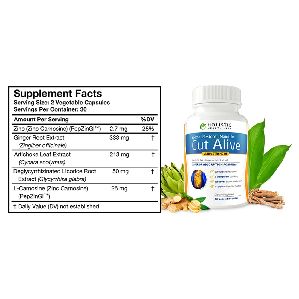 Gut Alive - All Natural Support to Fight IBS, Heartburn, Acid Indigestion, Acid Reflux, Bloating & Gas. Unique Formulation (60 Count )