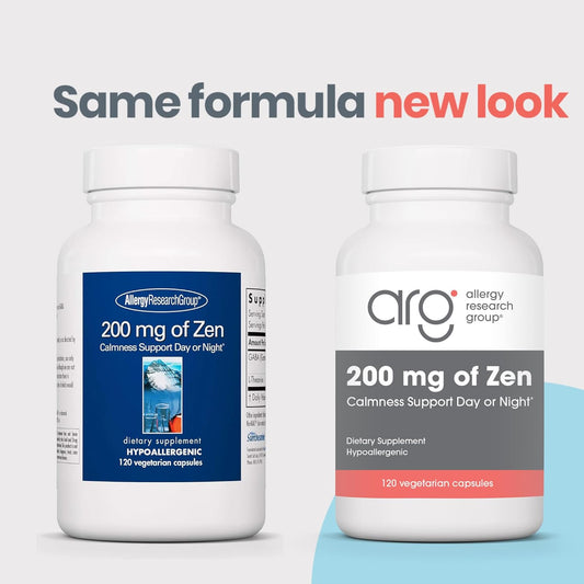 Allergy Research Group 200 mg of Zen - GABA L-Theanine Supplement, Natural Calm, Sleep & Relax Support for Women & Men, Take Day or Night for Relaxation & Calm Energy - 120 Vegetarian Capsules