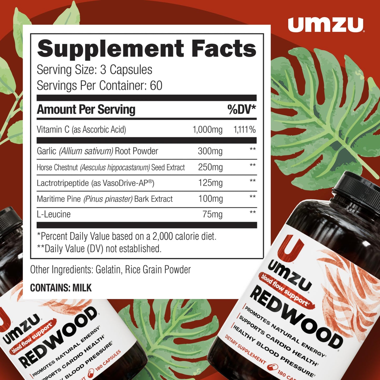 UMZU Redwood Max Nitric Oxide Booster, Blood Flow & Circulation Support for Men & Women, Energy, Stamina & Recovery – Heart & Varicose Vein Supplement – 2 Capsules Daily – 60 Count