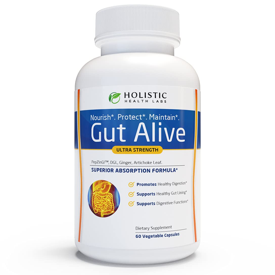Gut Alive - All Natural Support to Fight IBS, Heartburn, Acid Indigestion, Acid Reflux, Bloating & Gas. Unique Formulation (60 Count )