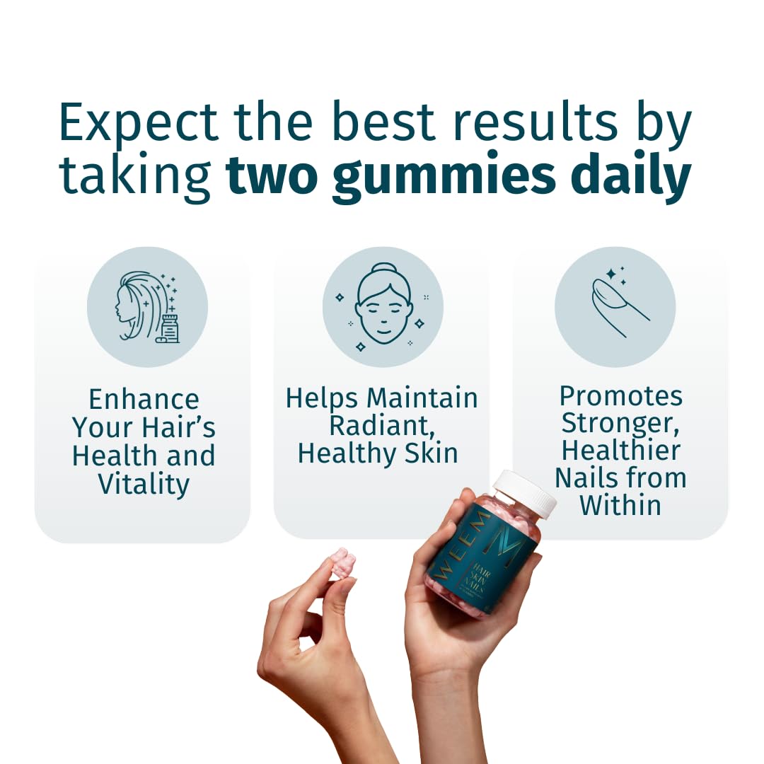 WEEM Hair Skin and Nails Gummies - Supports Healthy Hair - Vegan biotin Vitamins for Women & Men Supports Faster Hair Growth, Stronger Nails, Healthy Skin, Extra Strength (2)