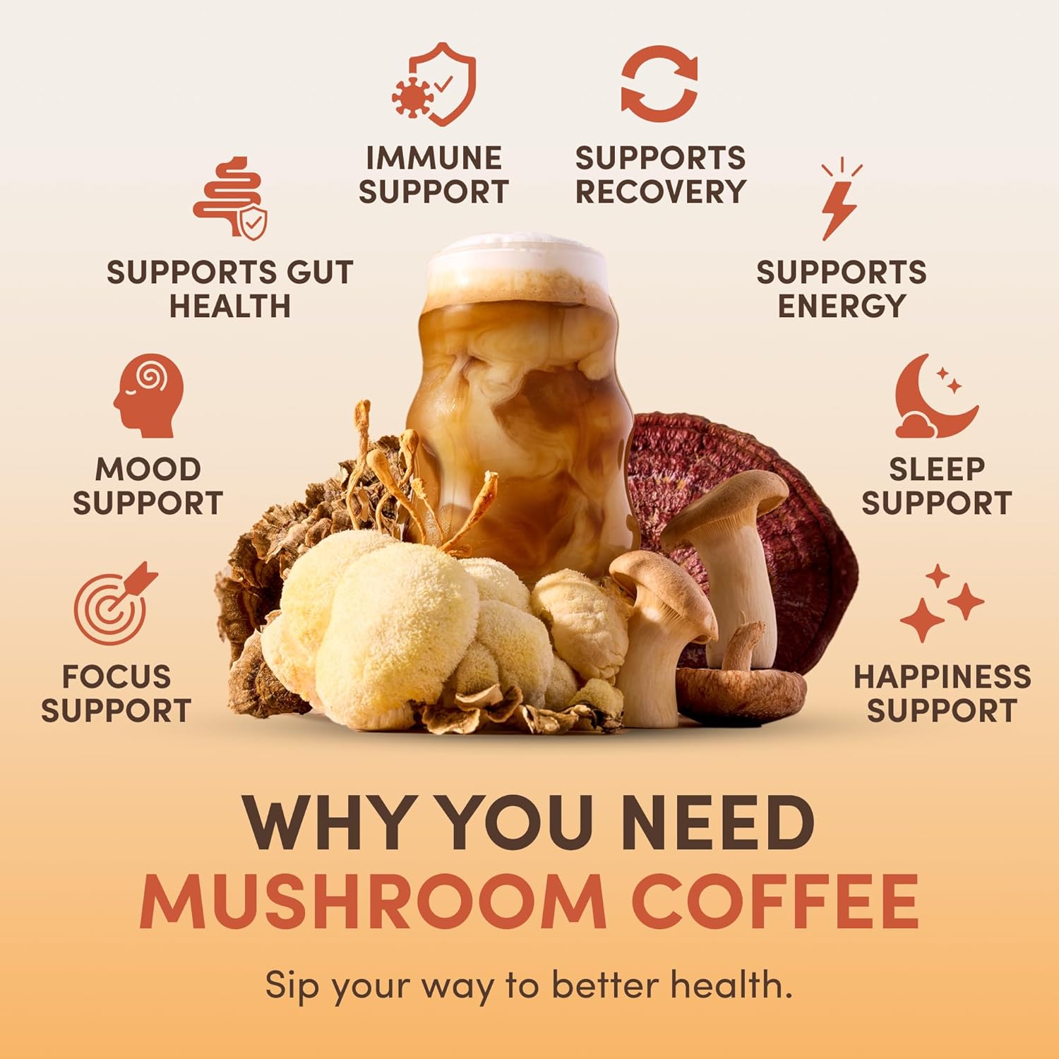 Mushroom coffee with health benefits listed on a beige background