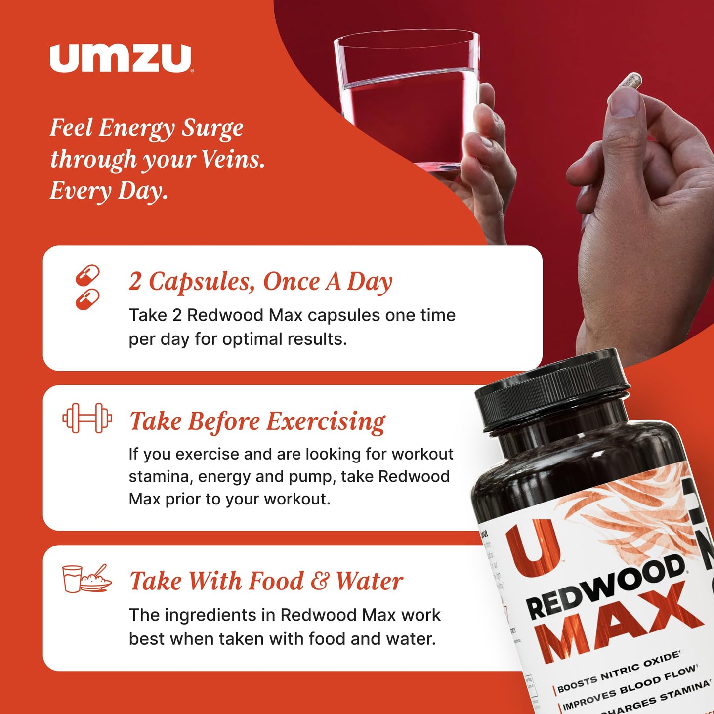 UMZU Redwood Max Nitric Oxide Booster, Blood Flow & Circulation Support for Men & Women, Energy, Stamina & Recovery – Heart & Varicose Vein Supplement – 2 Capsules Daily – 60 Count