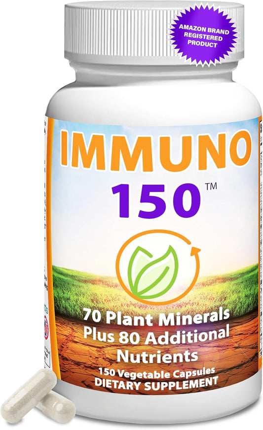Supplement bottle labeled 'IMMUNO 150' with a white cap on a white background