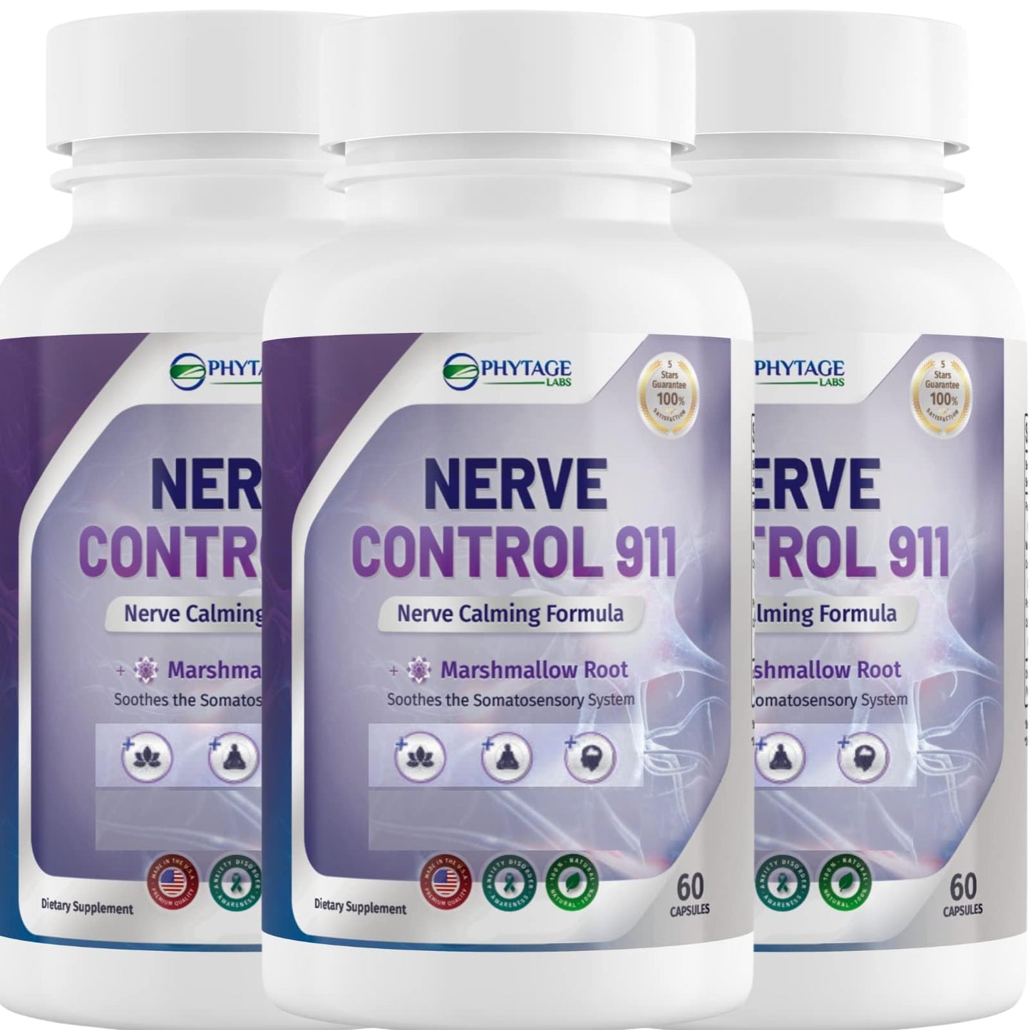 Three bottles of Nerve Control 911 supplement with white and purple labels.
